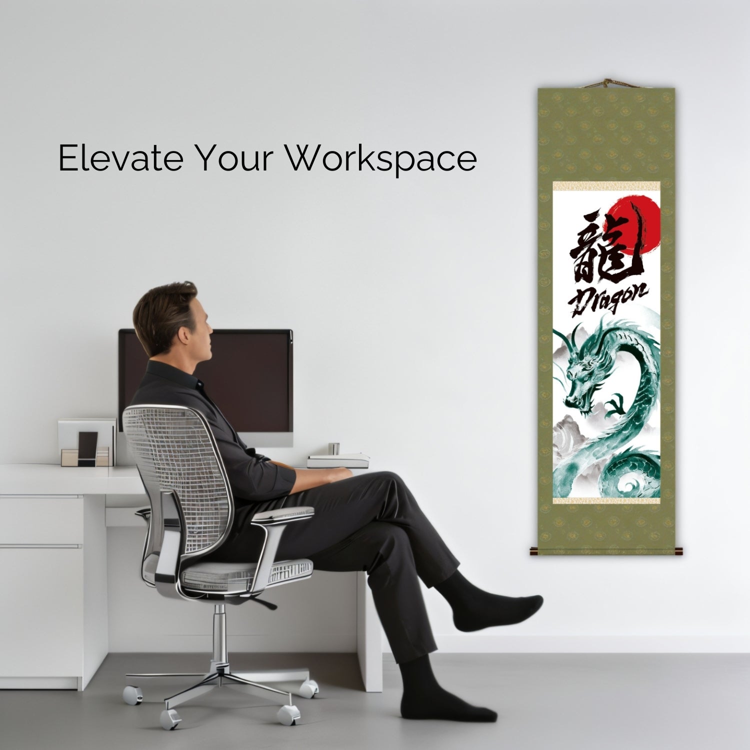 Japanese Dragon Kakemono Wall Scroll – Green Rising Dragon